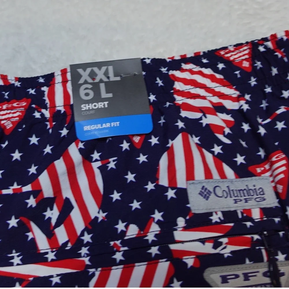 Columbia PFG Clearwater Shores Trunk Mens XXL Blue Red American Flag Fish 6in